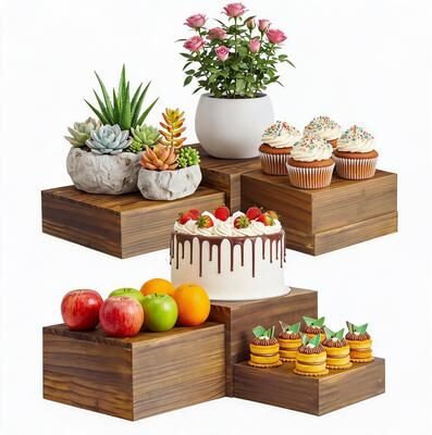 Garvee 6 Pack Brown Wooden Display Risers Square Storage Boxes