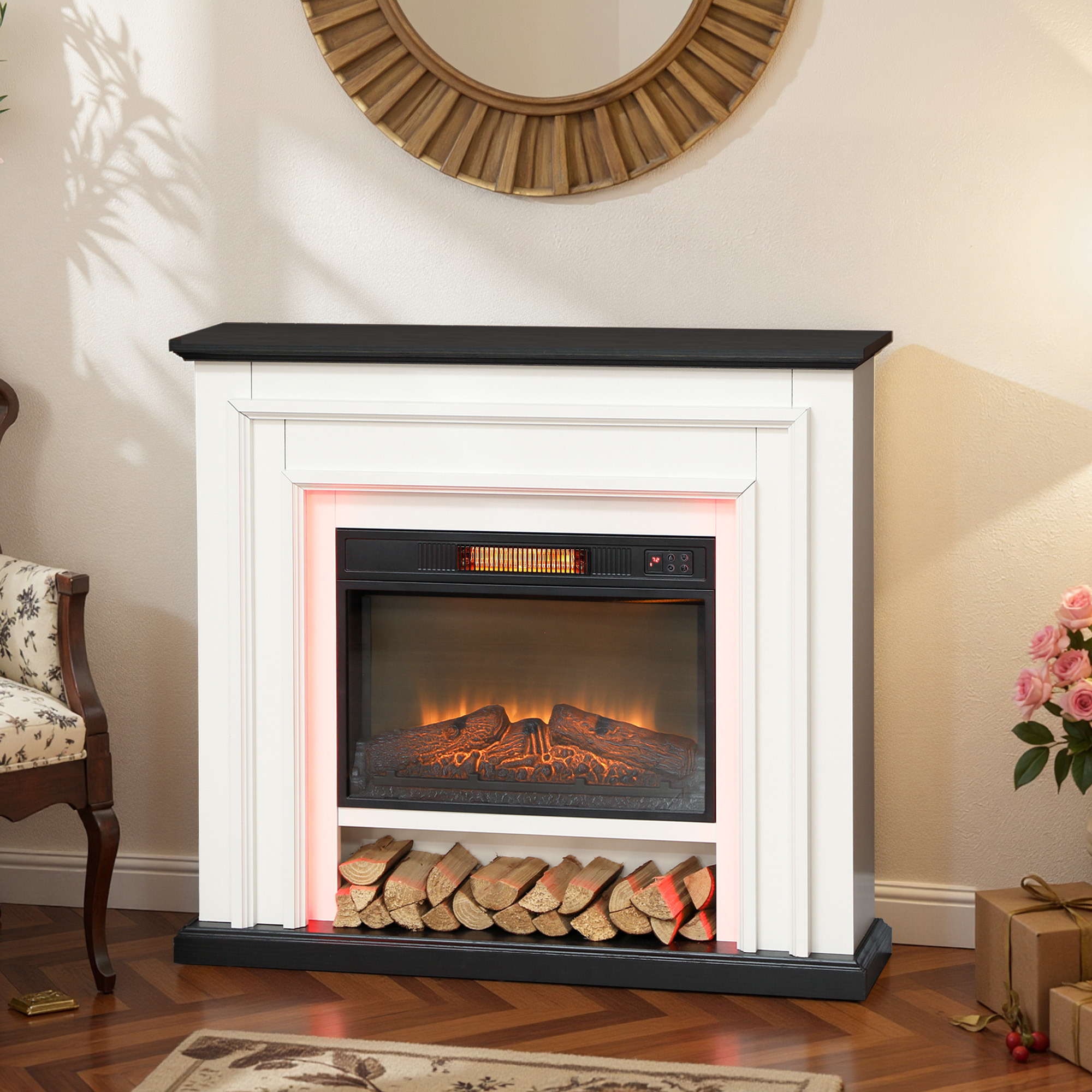 Homcom Camino Elettrico 1800W con LED RGB, Effetto Fiamma e Mantello, 105x27x97 cm, Nero   Aosom Italy