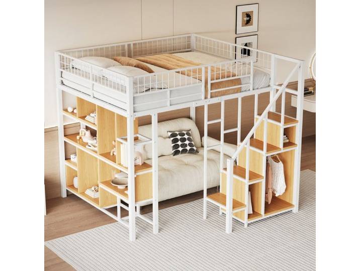 Lit mezzanine enfant 140 x 200 Lit mezzanine en métal avec espace de rangement étagères et escalier lits mezzanine adultes blanc