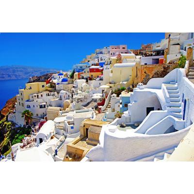 Fototapete PAPERMOON "SANTORINI-INSEL VULKAN MEER GRIECHENLAND GEBIRGE STRAND", bunt, B:5m L:2,8m, Vlies, Tapeten