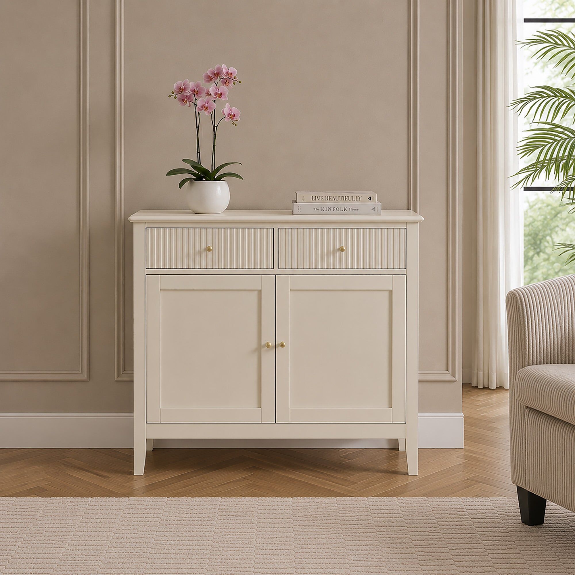 Taupe Fluted Two Door Two Drawer Storage Sideboard - Hales Taupe Range Metal, Wood