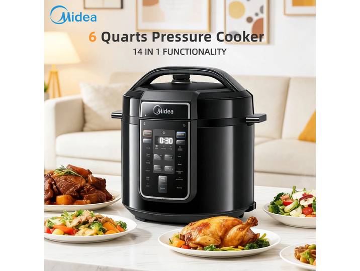 Cuisinière électrique à pression Midea 9-en-1 avec 12 programmes, cuve intérieure en acier inoxydable, minuteur, noir