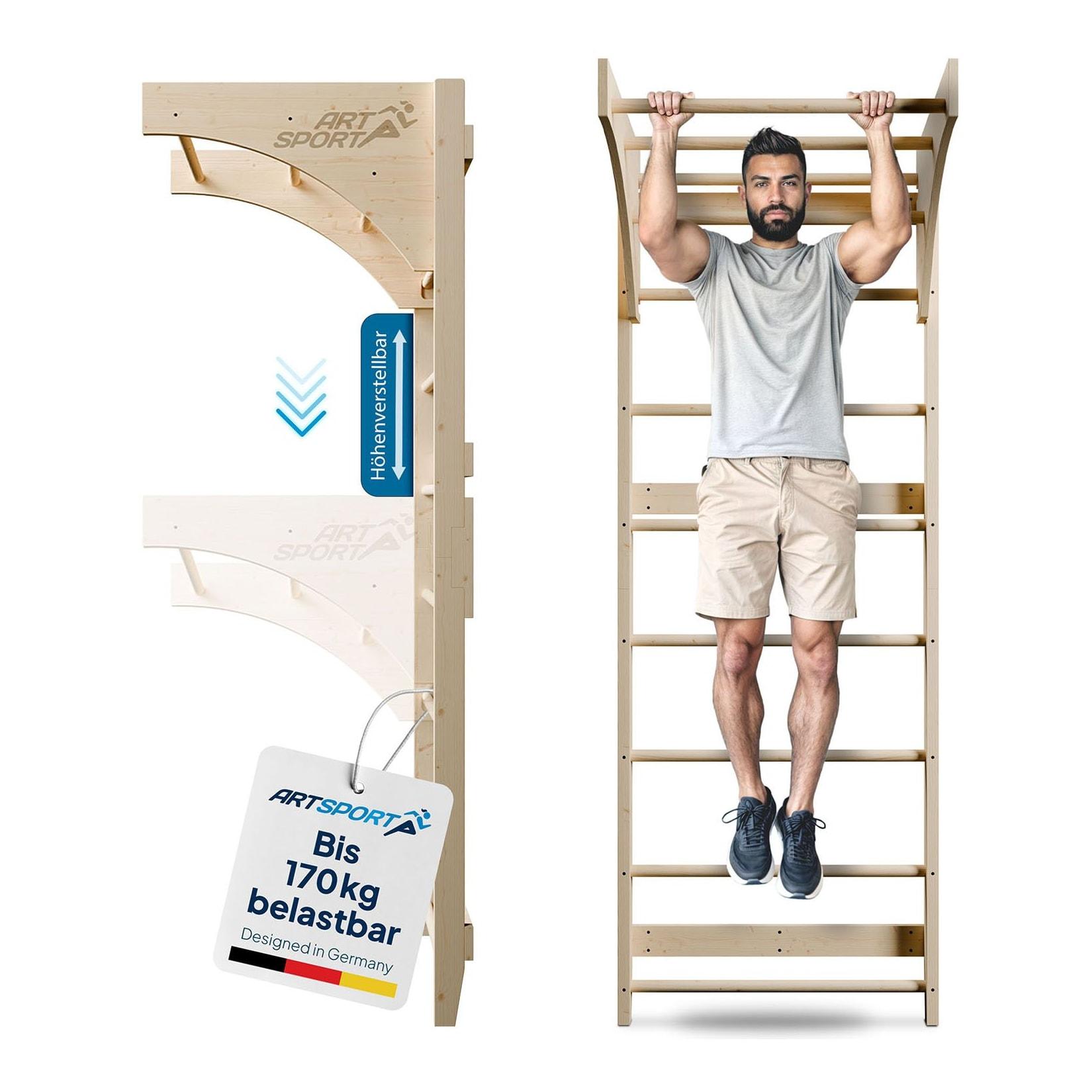 ArtSport Sprossenwand für Erwachsene - Indoor Klettergerüst aus Holz mit Klimmzugstange - Natur
