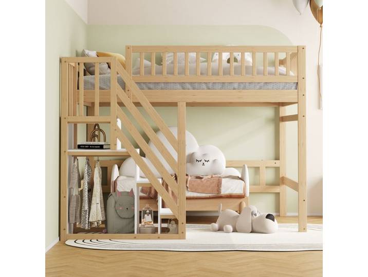 Lit mezzanine - MAISENTIEL - Maisentiel - 140 x 200 cm - Bois de pin - Escalier avec rangements