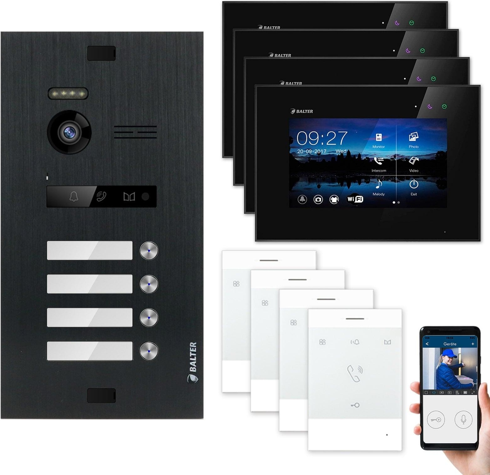 BALTER EVO Video Türsprechanlage Schwarz Set 2-Draht Talk + 7" WiFi-LCD-Monitor für 4 Familienhaus