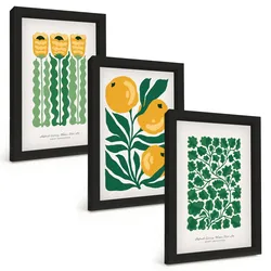 BILDER SET 3er Set - 20x30 cm Schwarzer Rahmen - Pflanzenmuster Blüten Blätter