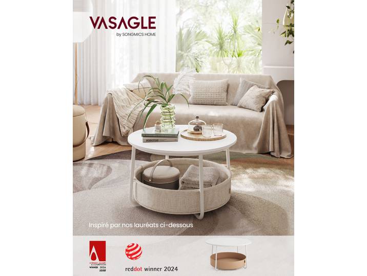 Table Basse Ronde avec Rangement, Table de Salon avec Panier en Tissu, Style Moderne, Cadre en Métal