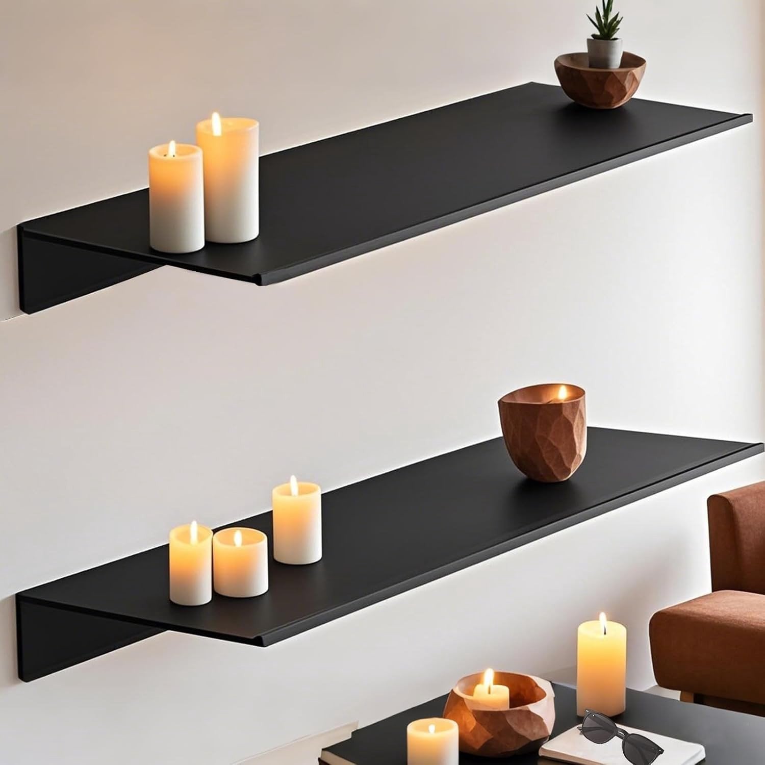 Set van 2 zwarte zwevende wandplanken van 40 cm voor de woonkamer, badkamer of keuken