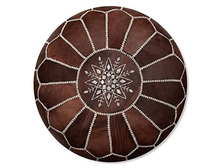 Poufs&Pillows Premium Authentieke Leren Poef - Handgemaakt en stijlvol - Gevuld geleverd, voetenbankje, Osmaans, vloerkussen (Hout Bruin)