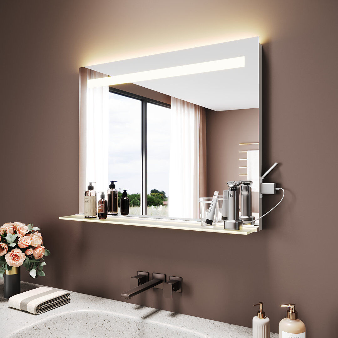 Ivy Bronx Aluminium Rectangle Wall Makeup / Shaving Mirror with Shelves White 65cm x 100cm
