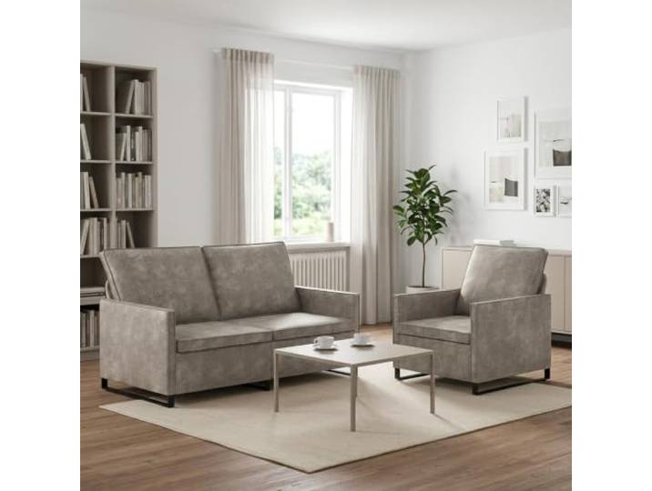 Sofa-Set 2 pcs Hellgrau Kunstwildleder Metallrahmen,Kissenrücken,Schaum-Kissen,Faser-Kissen,einfache Reinigung,modernes Design