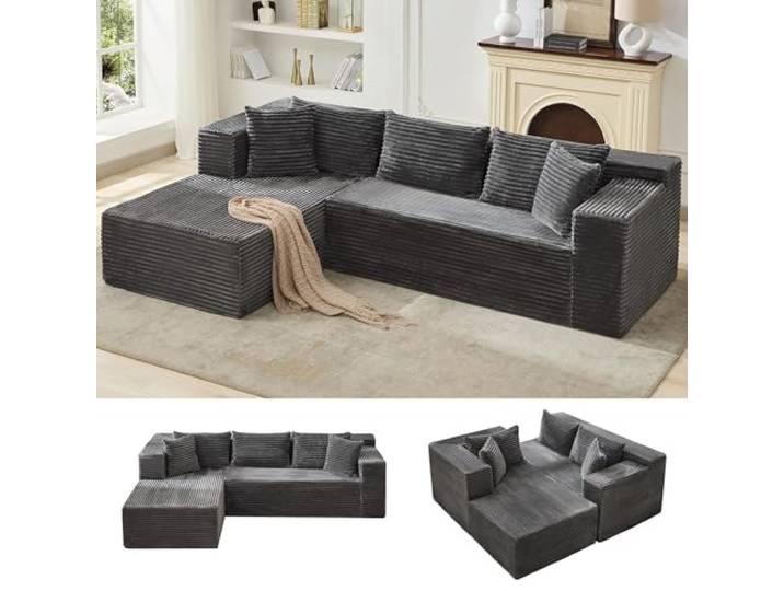 Garvee Ecksofa Linke Ottomane Cord Grau 269cm ohne Montage XXL Cord Ecksofa linke Ottomane 269x175x62cm Polyurethan ohne Montage für Wohnzimmer Familie Kinder Haustiere