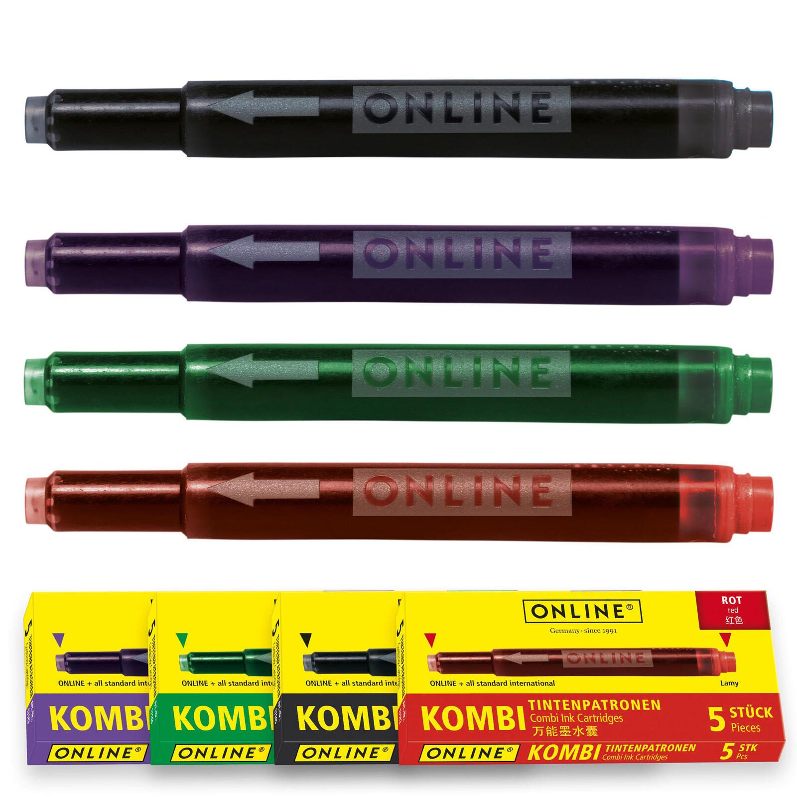 ONLINE® Tintenpatronen für Füller 5x lila, 5x grün, 5x schwarz, 5x rot 17028