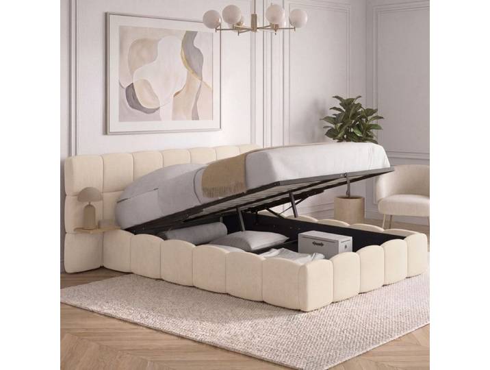 Lit coffre double NUAGE avec tête de lit matelassée + tables de chevet intégrées et sommier velours beige