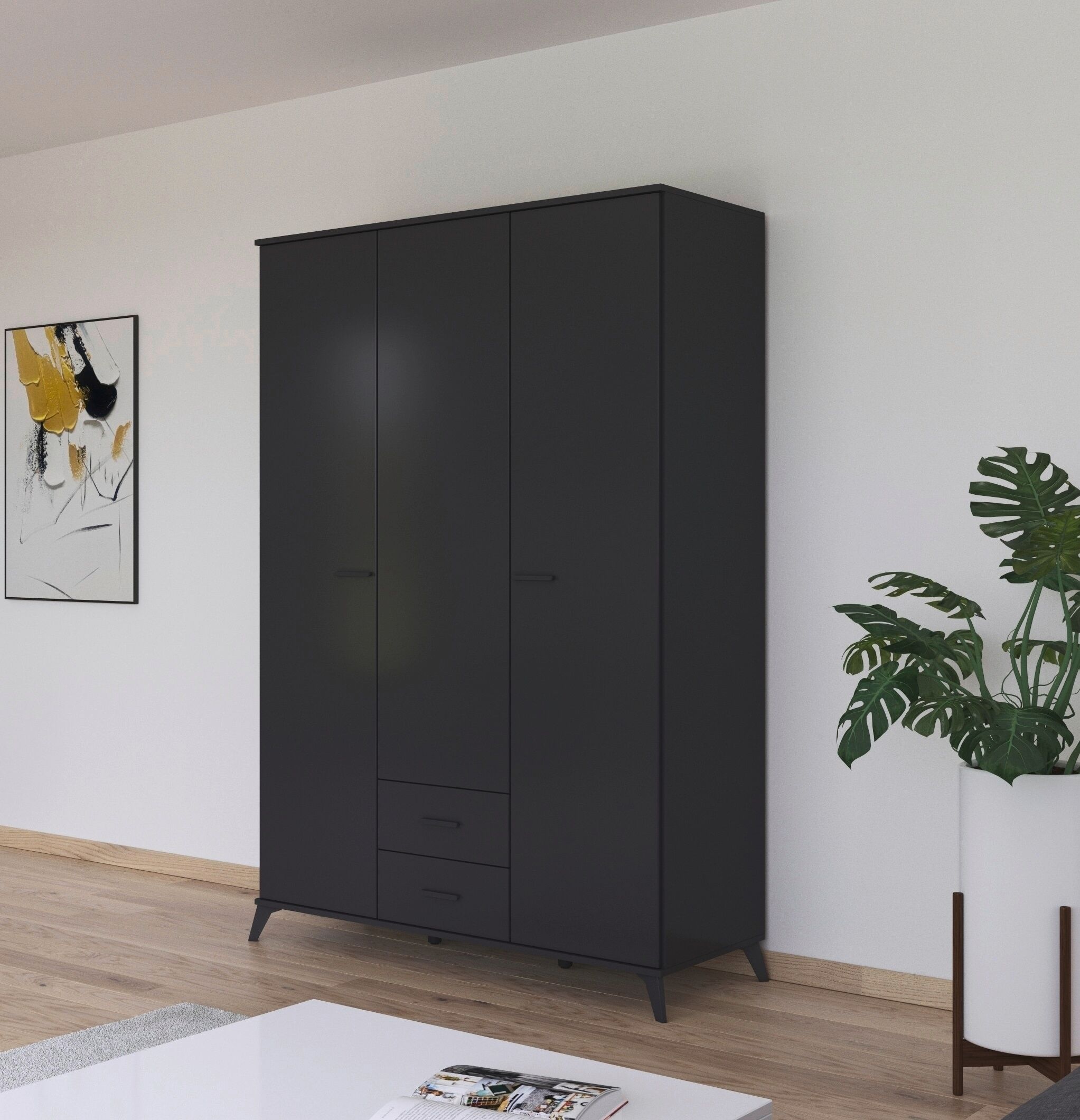 Drehtürenschrank RAUCH "Lucena", grau (graumetallic), B:140cm H:203cm T:54cm, Holzwerkstoff, Schränke, Drehtürenschrank, mit schräg ausgestellten Füssen im Monochrom-Stil graumetallic B/H/T: 140cm x 203cm x 54cm