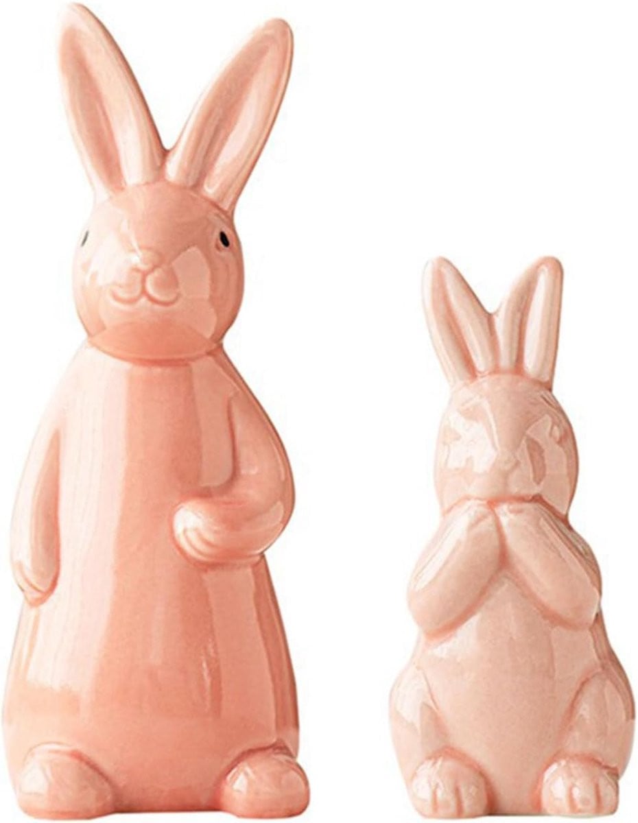 Set van 2 handgeschilderde porseleinen paashaas figuren voor lente decoratie in het roze