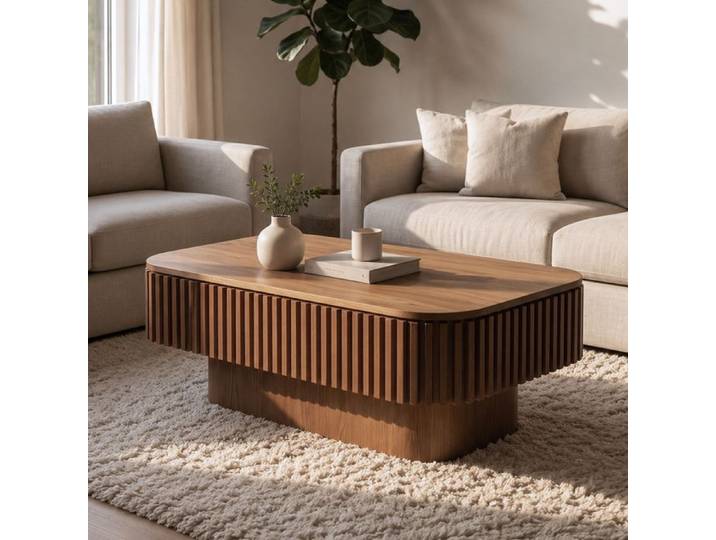 ELVORIN Table basse rectangulaire 98 cm rangement caché noyer