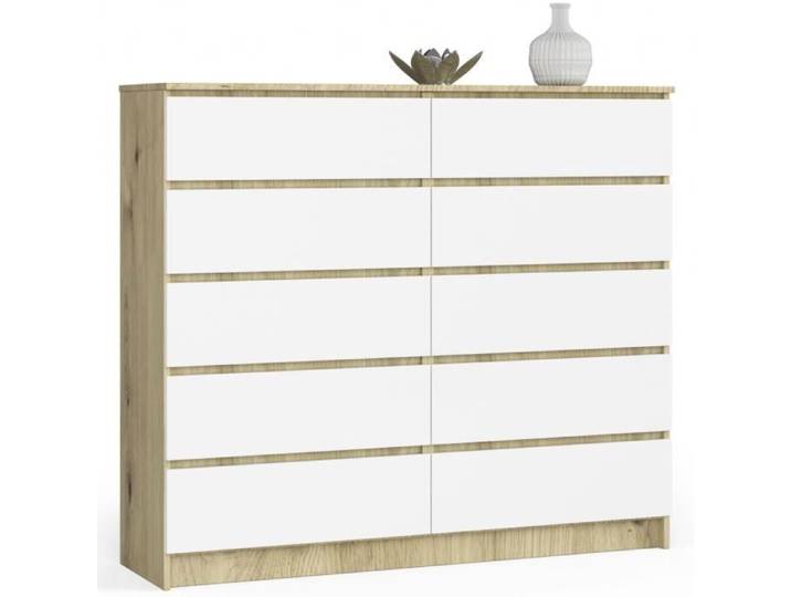 Commode AKORD K140 Chêne Artisan 138 cm 10 tiroirs façade Blanche 138x40x121 cm