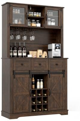 Costway 72 Inch Coffee Bar Cabinet with Drawers and Sliding Barn Doors-Brown