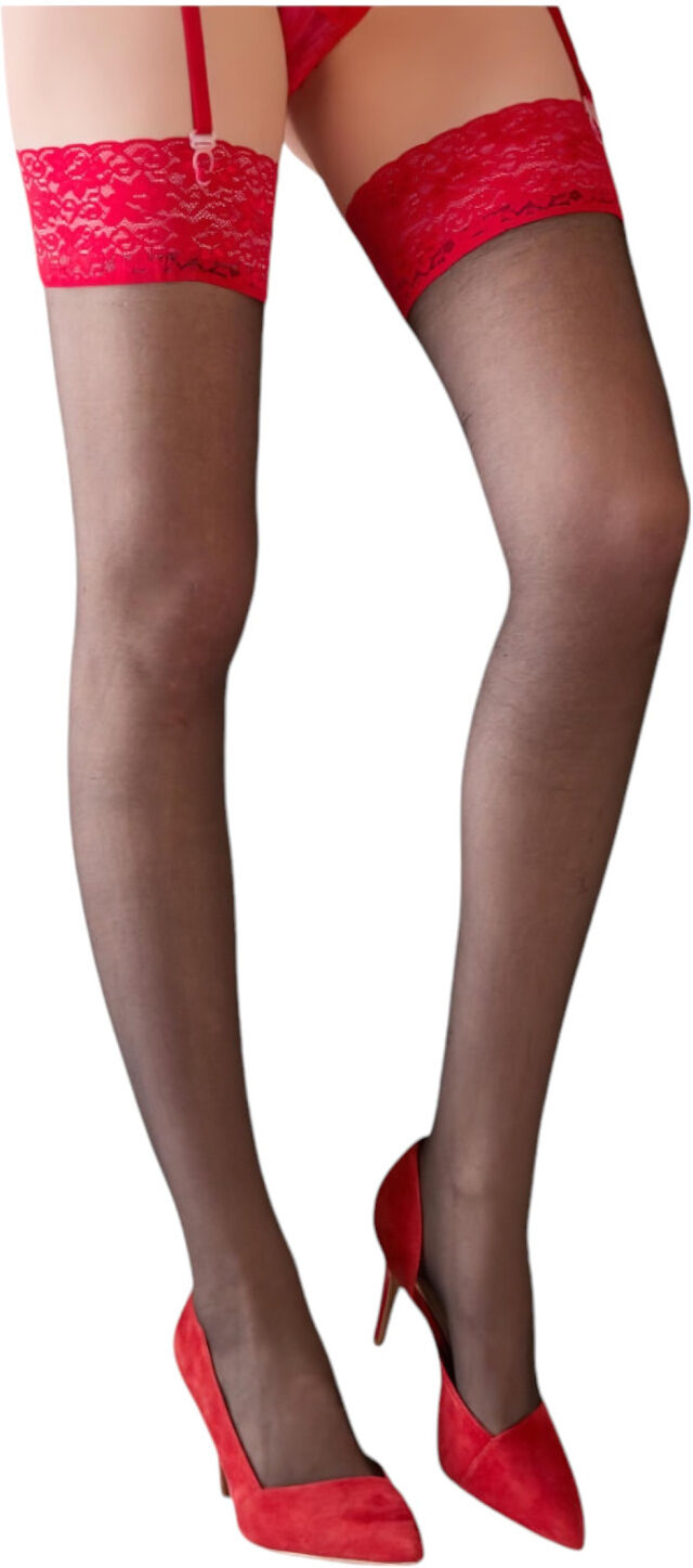 Cottelli - Black Stockings with Red Lace Trim - 7
