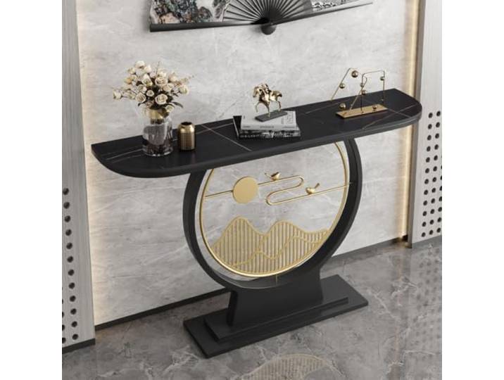Moderner Konsolentisch, schmaler Flurtisch mit Steinplatte, Metallgestell Stabile Steinplatte, platzsparendes Design, robuster Metallrahmen, vielseitig einsetzbar(Black-E,31.5in*11.8in)