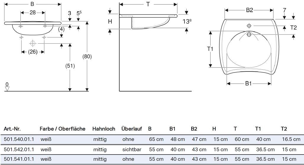 Geberit Vitalis Waschtisch 55 x 55 cm, barrierefrei, Badkeramik, 501.542.01.1, weiß