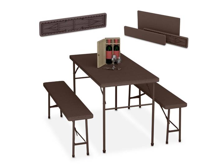 Relaxdays Bierzeltgarnitur Braun 3-tlg. klappbar, Kunststoff, Metall, rechteckig, Gartenmöbel, Gartengarnituren, Gartenmöbel-Set