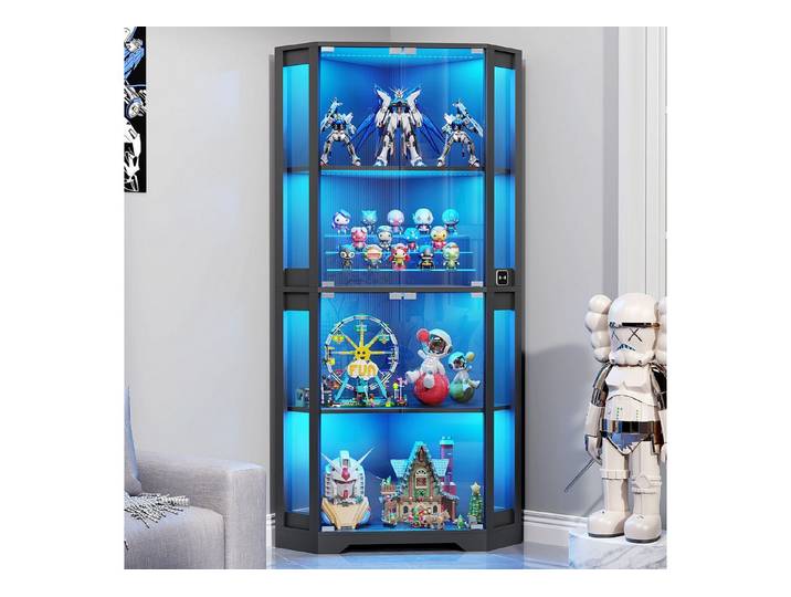 BROTTAR Glasvitrine Curio-Schrank, Eckvitrine, 4 Böden mit LED-Beleuchtung (1-St) mit menschlichem Körpersensor für Spielzeug, Bücher, schwarz