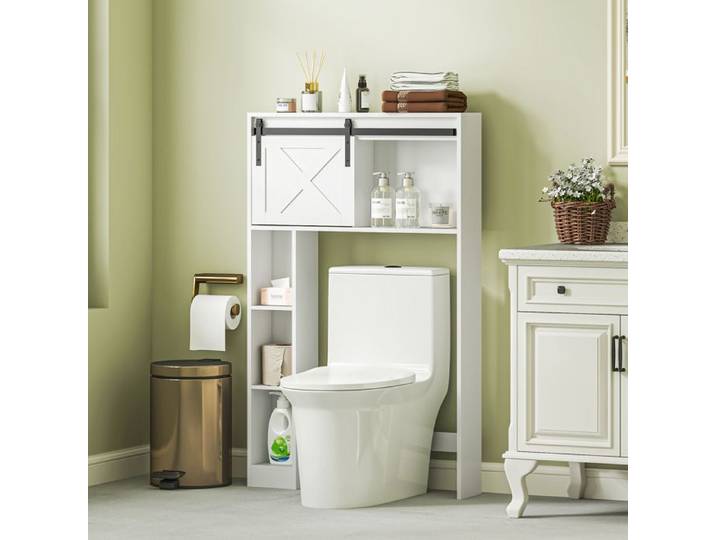 MOTHINESSTO3521-Meuble de rangement au-dessus des toilettes avec porte coulissante Meuble étagère dessus WC étagère réglable blan