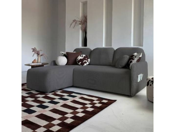 MIUFORM Timmy, Ecksofa mit Schlaffunktion, L-Form 202 cm, Anthrazit Schlafsofa mit Bettkasten, L-Form Reversibel, 202x150 cm, 4-Sitzer Sofa mit Schlaffunktion, Seitentaschen, Kleine Räume