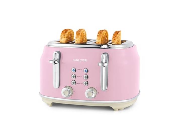 Salter Retro 4-Slice Broodrooster – Brede Sleuven, 6 Bruiningsniveaus, Ontdooien, Opwarmen, Annuleren Functies, Uitneembare Kruimellade, Extra Dik Brood/Bagels, 1630W, Roze, EK5739PNK