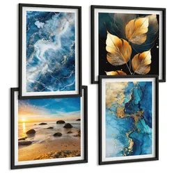 BILDER SET 4er Set - 50x50 cm & 40x60 cm Schwarzer Rahmen - Bilder mit blau-goldenen Mustern