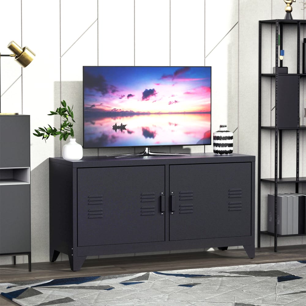 Homcom Meuble tv design industriel - 2 placards, 2 étagères - tôle métal noir Noir 119x64x40cm