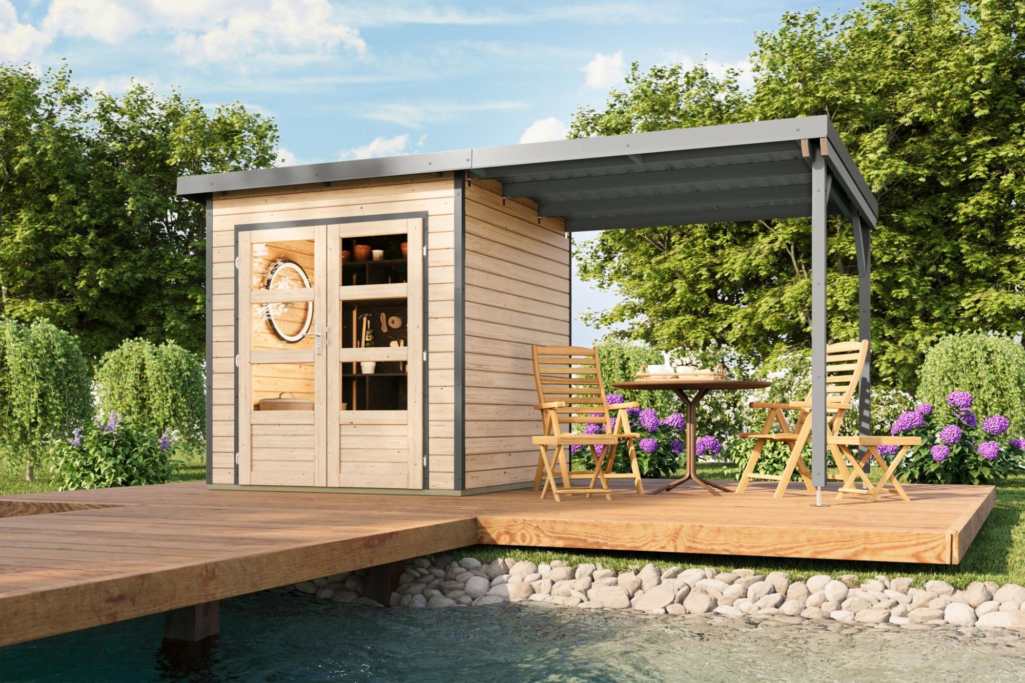 Karibu Gartenhaus Hybridhaus Metall Pluto 1 naturbelassen Metall graualuminium 428x200x219 cm