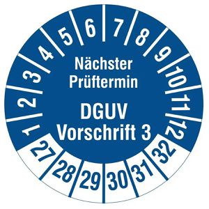 Böttcher-AG Prüfplaketten DGUV Vo3, nächster Prüftermin, 2027-2032, blau, Ø 30 mm, 1.000 Stück