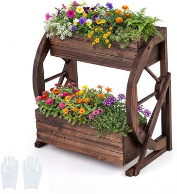 Costway 2-tier Raised Garden Bed Rustic Wood Wagon Planter with Drainage Holes and Semi-wheels-Coffee