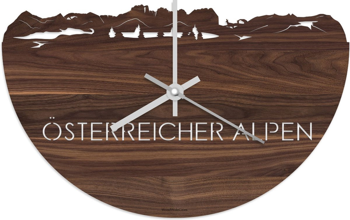 Skyline Wandklok Österreicher Alpen Notenhout - Diameter: 40 cm - Analoge Wanddecoratie