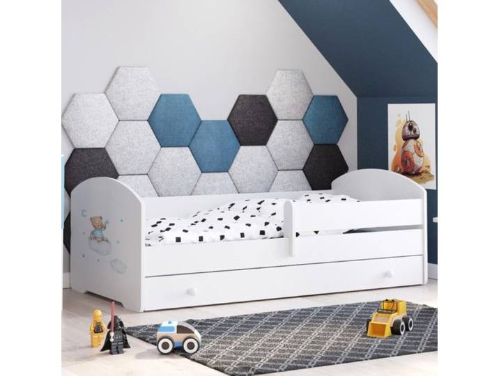 Lit enfant LUK 140x70 avec matelas sommier tiroir et barrière de sécurité – Blanc avec illustration d'ourson