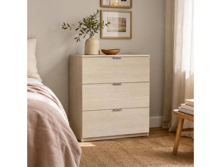 Dmora - Bridgeport-Kommode, moderne Kommode mit 3 Schubladen, niedriger Kommodenschrank für Schlafzimmer, Schrankkommode, 77 x 38 x 80 cm, Eiche