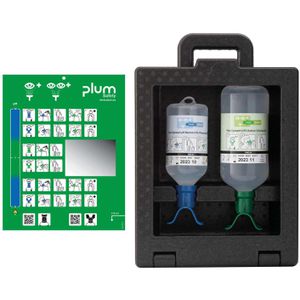 Plum Augenspülung Box 2 sterile ph neutral & NaCl, Augenspülstation, Wandhalterung, 500ml & 1000ml