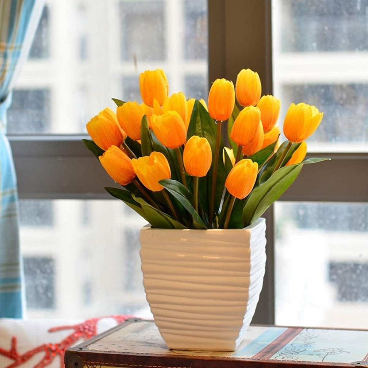 Kunstbloem Tulpen met Keramiek Vaas - Geel