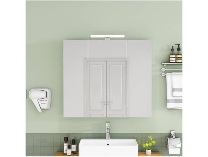 Meuble miroir de salle de bain 80 cm blanc VUENOR – 3 portes LED prise française livré monté