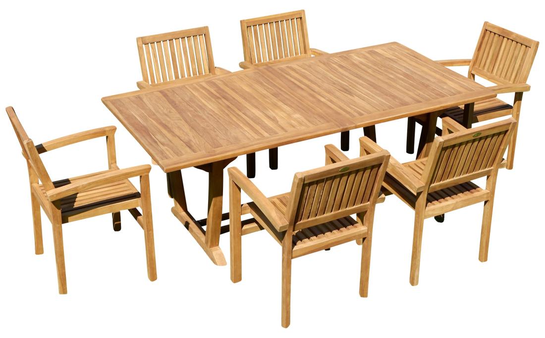 ALEOS. Teak Set Gartengarnitur Gartenset Sitzgruppe Gartentisch Tobago 180-240x100 cm mit 6 Stapelsessel Miami Teakholz Gartenmöbelset Esstischgruppe Sessel stapelbar Ausziehtisch