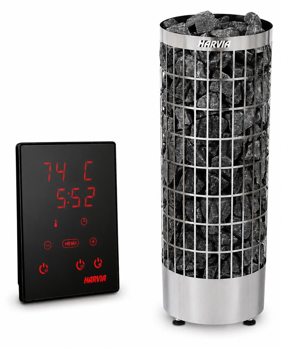 Harvia Cilindro Pc70e Chrome Saunaoven met Harvia Xenio Cx110 Bedieningspaneel