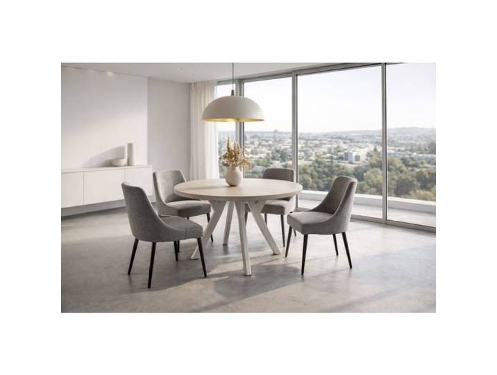 Table à manger ronde extensible 80–130 cm -décor HALIFAX– Pied Bois massif Blanc-Balut Home