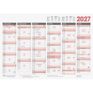 Brunnen Tafelkalender 1070130007, rot, mit Ferienübersicht, aus 400 g/m² Karton, 6 Monate = 1 Seite, A3, Jahr 2027