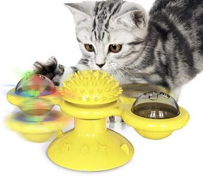 Snug & Styled Interactive Cat Turntable Scratch Toy With Suction Cup Base, Windmill Ball Dispenser & Scratching Fun yellow