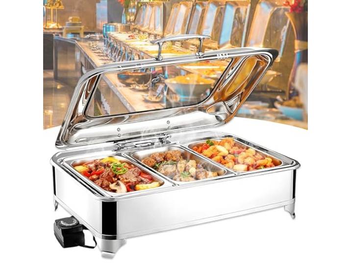 VFDZ Elektrischer Chafing Dish Glasdeckel, Einstellbarer Temperatur 9L Wärmebehälter Elektrische Buffet Edelstahl, Speisewärmer Buffetwärmer Elektrisch für Hotels, Buffet, Partys