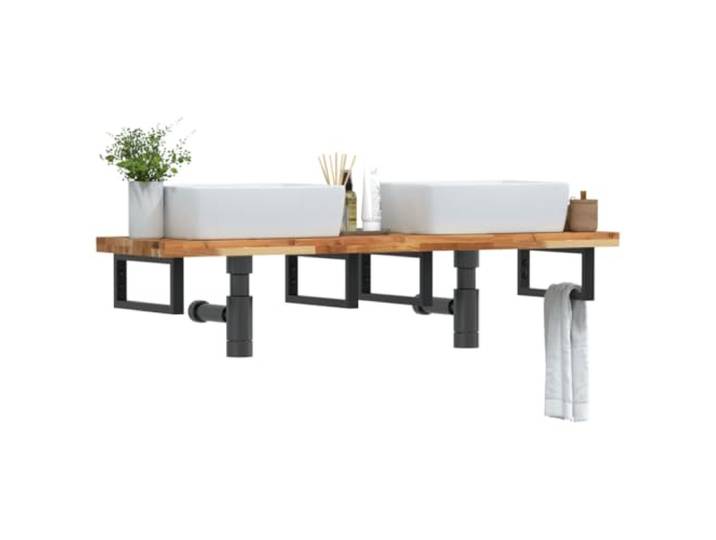 KTHLBRH Waschbeckenregal Wandmontage Stahl Akazienholz Schweberegal Stahlhalterungen, massive Akazienholzplatte, flexible Positionierung, Handtuchaufhängung, moderne Optik