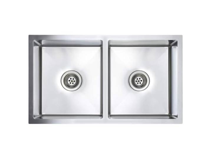 Handgefertigte Küchenspüle, Edelstahl, Doppelkammer Satin-Finish, Antikondensationsfarbe, Schalldämpfer-Pads, X-Flume-Design, hängende Montage